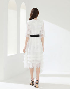 White lacy midi dress with belt