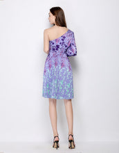 Load image into Gallery viewer, Purple printed flower on shoulder dress sample sale