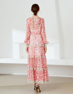 Red smudge pattern ruffle maxi dress