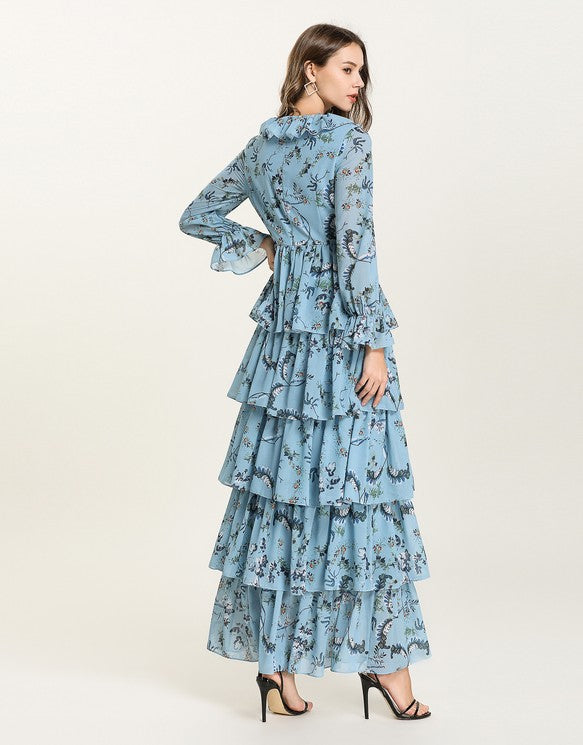 Blue Floral v neck long sleeved Tiered ruffle maxi dress – Comino
