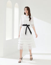 Load image into Gallery viewer, White lacy midi dress with belt