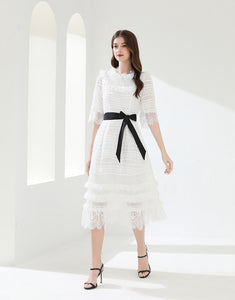 White lacy midi dress with belt