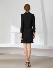 Load image into Gallery viewer, Black tweed two piece with bow and brooch