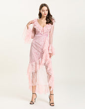Load image into Gallery viewer, Baby Pink Sheer Lace ruffle maxi dress