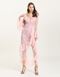 Baby Pink Sheer Lace ruffle maxi dress