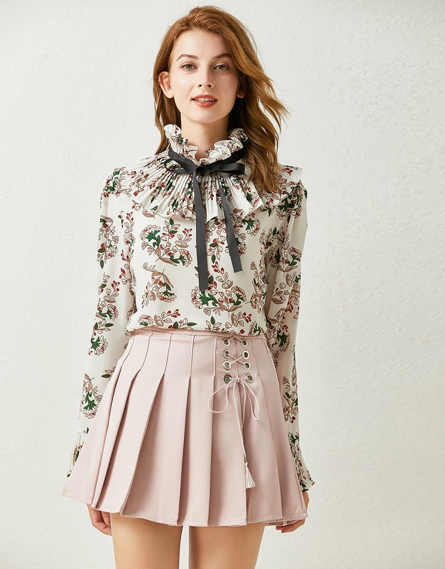 Floral Ruffle high neck chiffon top and pleated mini skirt