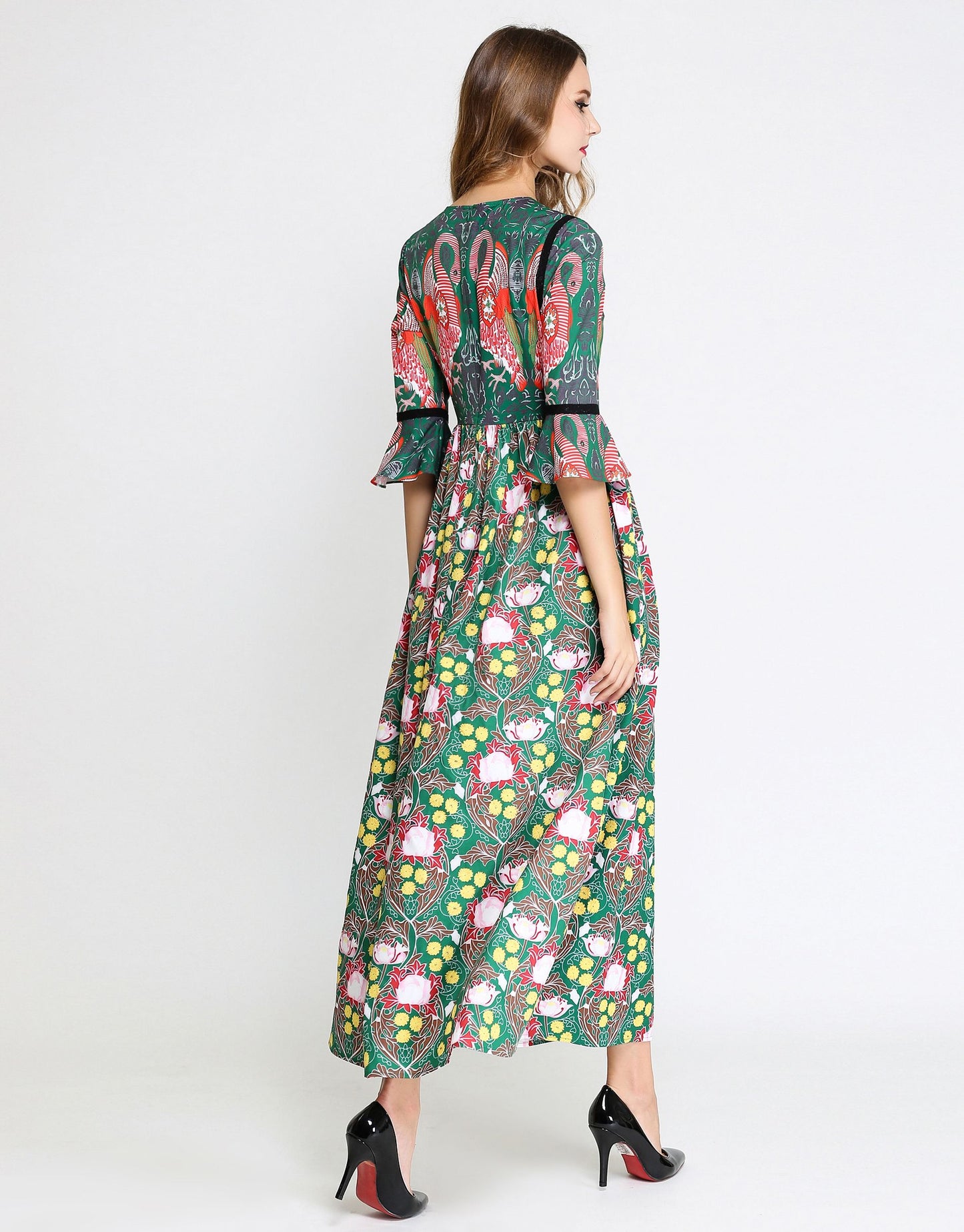 Green / Multi Print Flamingo Maxi Dress