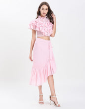 Load image into Gallery viewer, Dotty Candy Pink Ruffle crop top with Dip Hem skirt set