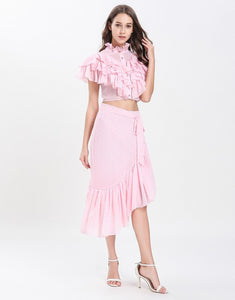 Dotty Candy Pink Ruffle crop top with Dip Hem skirt set