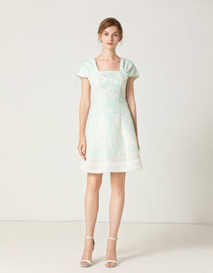 White and light teal mini dress with pearl details sample sale