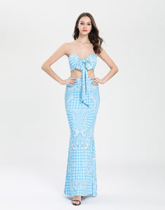 Multiway White and blue tiled crop top and maxi skirt