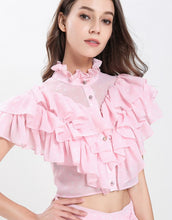 Load image into Gallery viewer, Dotty Candy Pink Ruffle crop top with Dip Hem skirt set