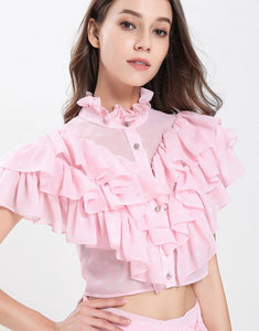 Dotty Candy Pink Ruffle crop top with Dip Hem skirt set