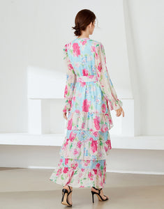 Vivid floral maxi dress with belt