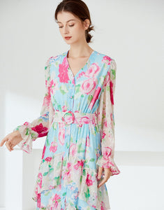Vivid floral maxi dress with belt