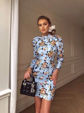 Load image into Gallery viewer, Light Blue Bouquet long sleeve mini dress