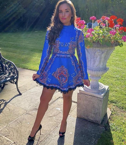 Electric Blue High Neck Skater Vintage Dress with Sleeves