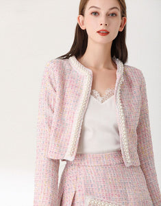 Sparkle pink tweed with faux pearls set