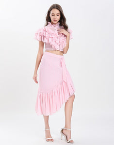 Dotty Candy Pink Ruffle crop top with Dip Hem skirt set