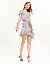 Load image into Gallery viewer, Light blue multi tile patterned mini dress with cut out shoulder.