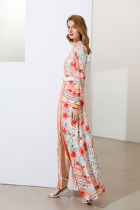Apricot stripes and roses maxi dress