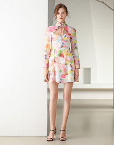 Pastel printed high neck tied long sleeve dress sample sale