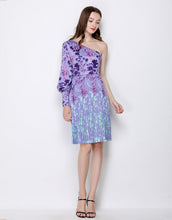 Load image into Gallery viewer, Purple printed flower on shoulder dress sample sale
