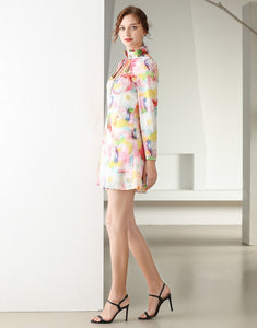Pastel printed high neck tied long sleeve dress sample sale