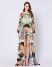 Load image into Gallery viewer, Orange Peacock fantasy dip hem dress