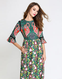 Green / Multi Print Flamingo Maxi Dress