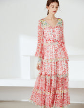 Load image into Gallery viewer, Red smudge pattern ruffle maxi dress