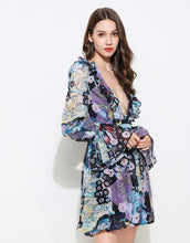 Load image into Gallery viewer, Blue Kaleidoscope plunge mini dress with bell sleeves